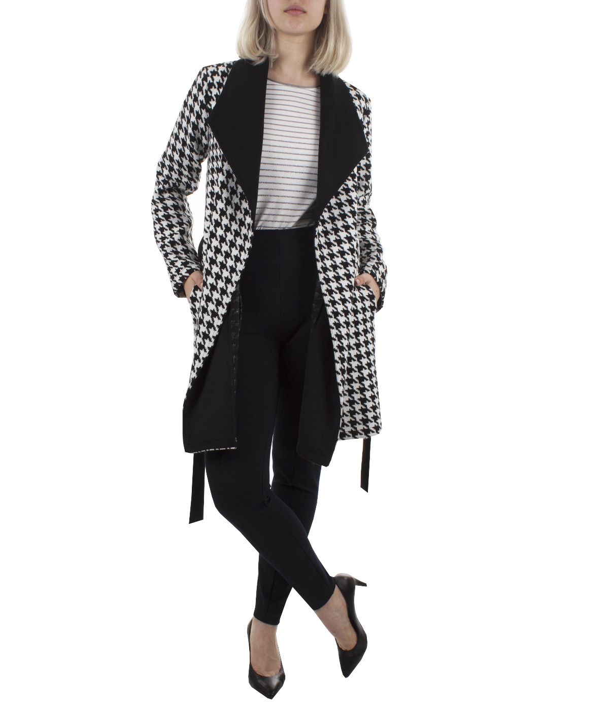 Acrylic wrap-around jacket with contrasting belt and lapel and houndstooth print 3
